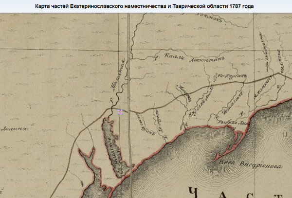 Местность, где сегодня расположена Мордвиновка и Овечий брод на карте 1787 года